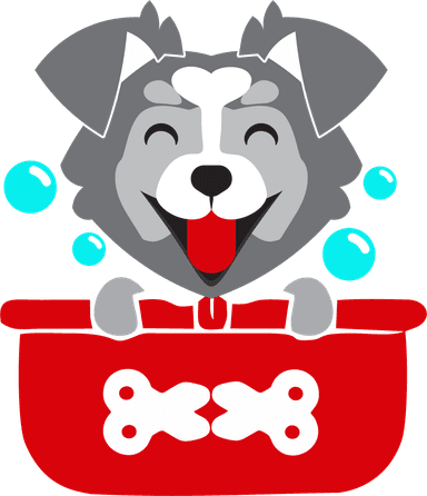 Dogtor Pet Grooming logo: a happy gray pup in a red tub full of bubbles