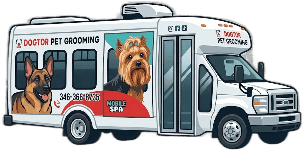 The Dogtor Pet Grooming Mobile Spa van, with a German Shepherd and a Yorkie illustrated on the side and the phone number 346-366-8735